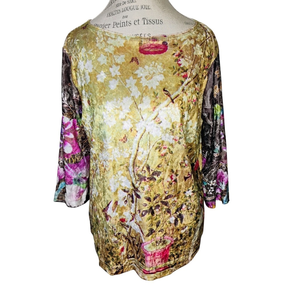 Chico's Y2K Velvet Top Womens XL Floral Bird Mixed Print Japanese Fairy Artsy